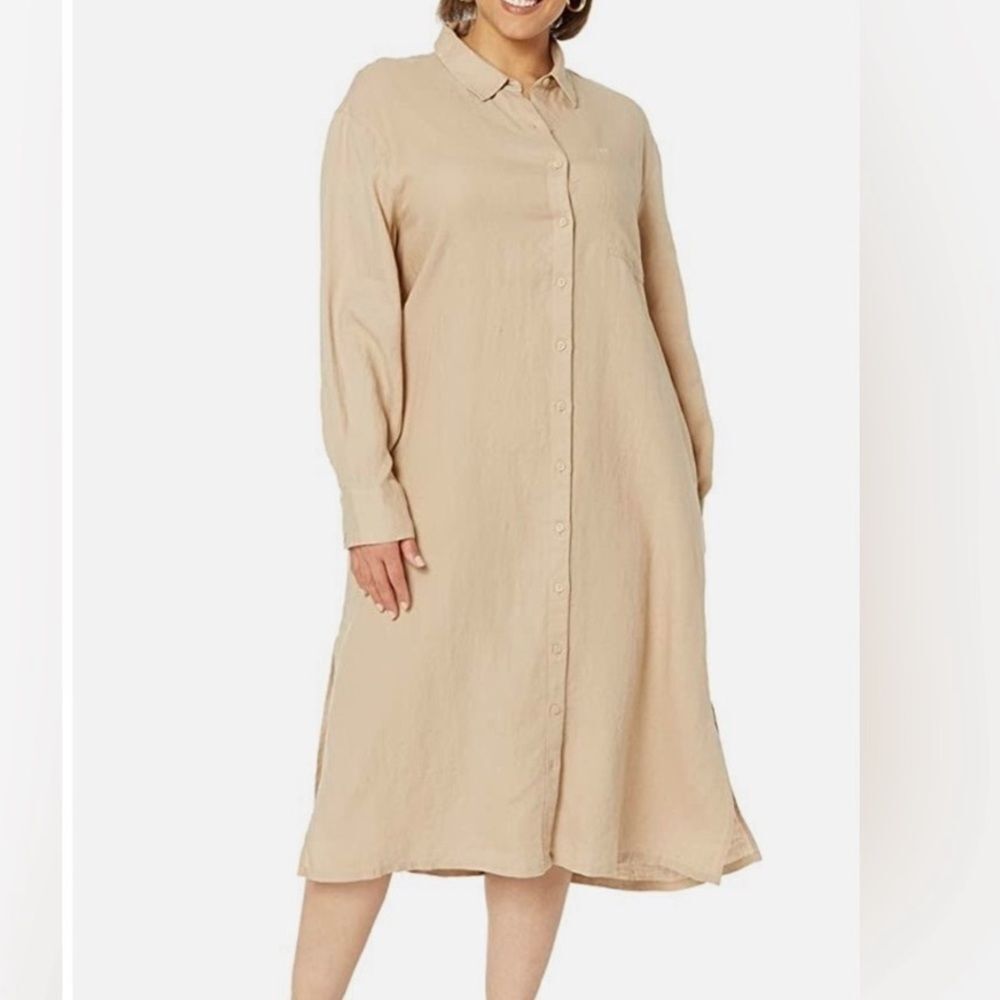 The Drop Fiona Long Sleeve Linen Midi Shirt Dress khaki tan Medium